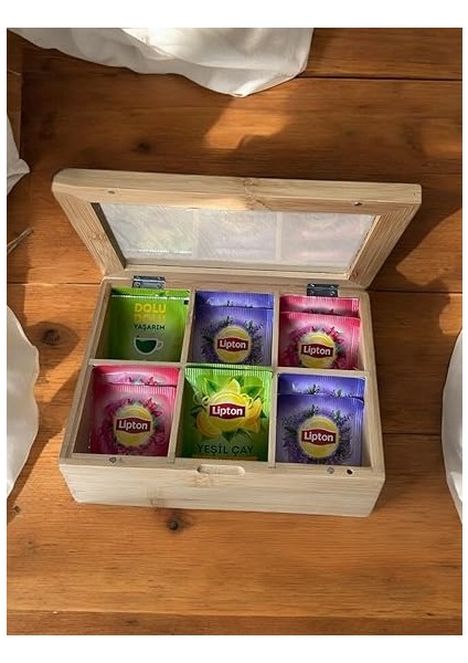 Bambu 6 Bölmeli Çay Kutusu -%100 Orjinal Bambu Mıknatıslı Kapak 21X16,5 X7CM modelleri