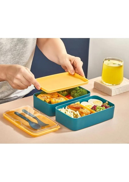 2 Katlı Yeşil Mikrodalga Uyumlu Yemek Saklama Kabı Beslenme Kutusu Öğrenci Okul Sefer Tası