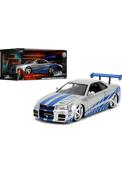Toys Fast & Furious Brian S 2002 Nissan Skyline R34 Die-Cast Car, 1:24 Scale, Silver & Blue