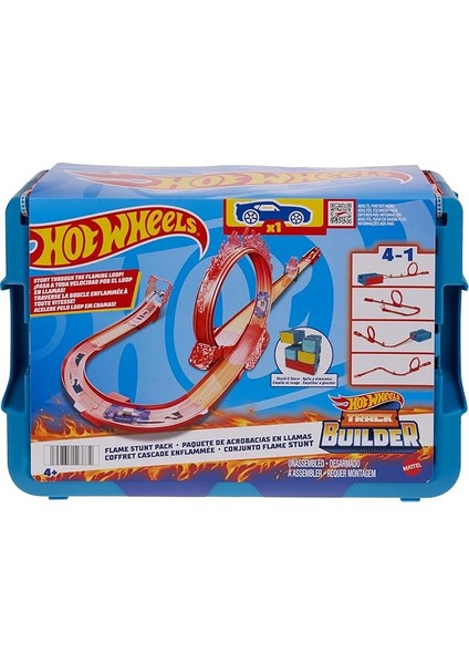 Wheels Track Builder Alev Temalı Akrobasi Seti ve 1 Adet Araba, Birleştirilebilir Oyuncak Saklama Kutusunda 16 Adet Pist Oluşturma ve Akrobasi Parçası, HMC04