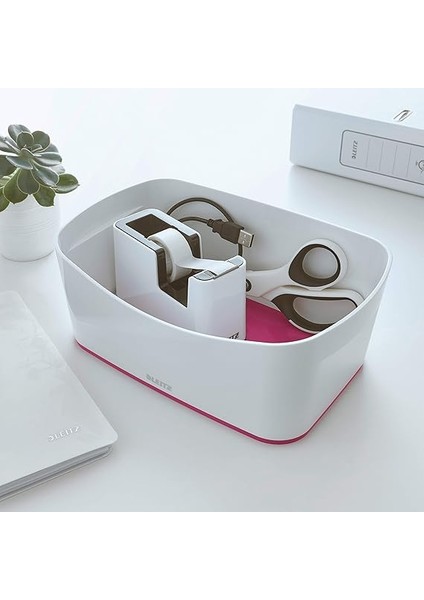 52571023 A5 Mybox Masaüstü Saklama Kutusu, Parlak Görünüm, Plastik, Beyaz/metalik Pembe modelleri
