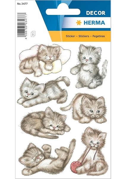 3477 Çıkartma Sevimli Kedicik, Kağıt, Kendinden Yapışkanlı, Kalıcı, 3 Yaprak / 21 Çıkartma