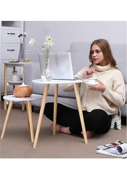 Yan Sehpa Seti, Yuvarlak, 2 Modern Kanepe Sehpası, Minimalist, Iskandinav Tarzı, Masif Ahşap Ayaklar, Oturma Odası ve Balkon Için Sehpa Kombinasyonu, Çam LET07WN fırsatları