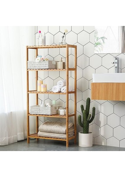 Banyo Rafı 5 Katlı Bambu Dik Raf 9 Seviyede Yüksekliği Ayarlanabilir Çok Fonksiyonlu, Oturma Odası, Koridor, Mutfak Için Uygun 60X26X130 cm Doğal Renk BCB35Y fırsatları