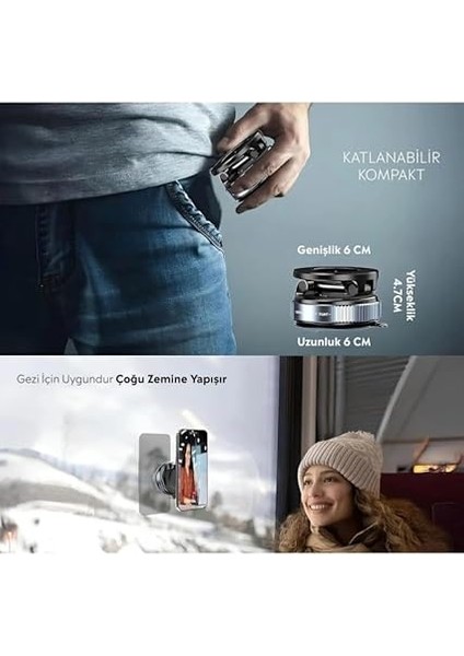 Vakumlu Katlanır Araç Telefon Tutucu, 360 Derece Dönebilen, Güçlü Mıknatıslı, Akıllı Telefon Tutucu, Ayna, Cam, Torpido (Siyah) indirimleri