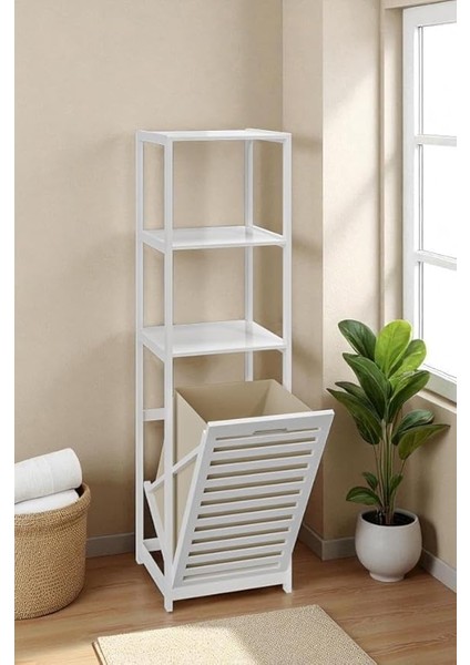 Bambu Beyaz Mat Lake Kirli Sepetli 3 Raflı Banyo Düzenleyici Çamaşır Sepeti DB-0019