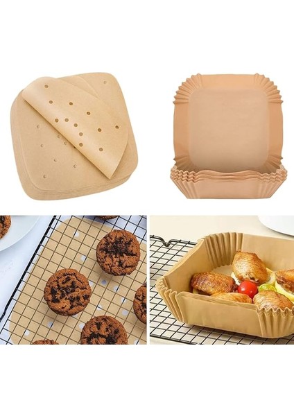 200 Adet Air Fryer Pişirme Kağıdı Tek Kullanımlık Hava Fritöz Yağlı Kağıdı Kare Delikli ve Tabak Model