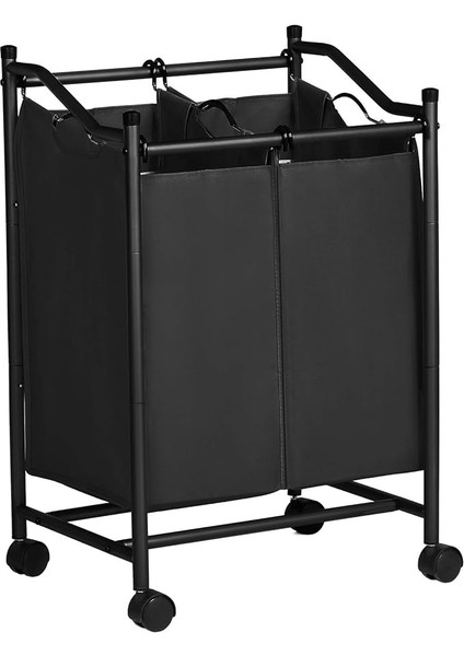 Çamaşır Ayırıcı, Tekerlekli ve 2 Bölmeli, Çamaşır Sepeti, Çıkarılabilir Çantalı Çamaşır Arabası, Toplam Kapasite 90 L, Siyah, LSF002BK