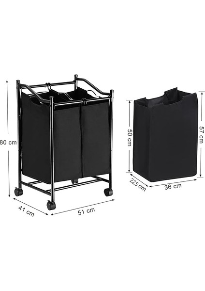 Çamaşır Ayırıcı, Tekerlekli ve 2 Bölmeli, Çamaşır Sepeti, Çıkarılabilir Çantalı Çamaşır Arabası, Toplam Kapasite 90 L, Siyah, LSF002BK fırsatları