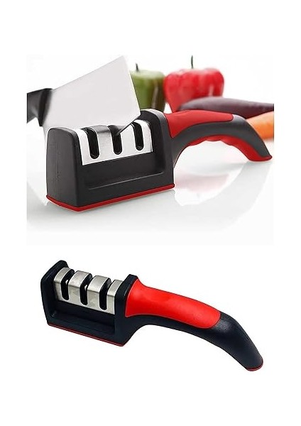 3 Aşamalı Profesyonel Bıçak Bileyici, Ergonomik Tutma Saplı, Siyah-Kırmızı modelleri