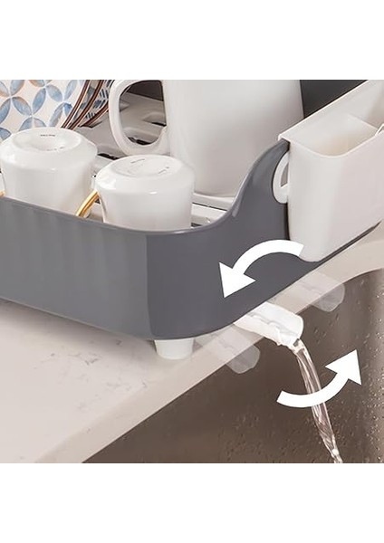 AKL-060 Gri Lüks Tabaklık Bulaşıklık-Yönlendirilebilir Su Akıtma Kanallı Bulaşık Sepeti-Kaşıklıklı fiyatları