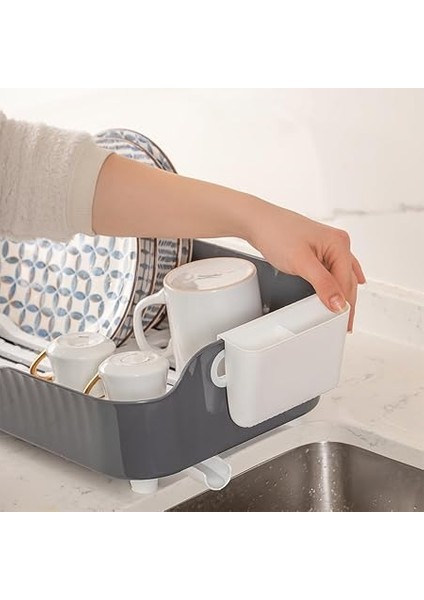 AKL-060 Gri Lüks Tabaklık Bulaşıklık-Yönlendirilebilir Su Akıtma Kanallı Bulaşık Sepeti-Kaşıklıklı indirimleri