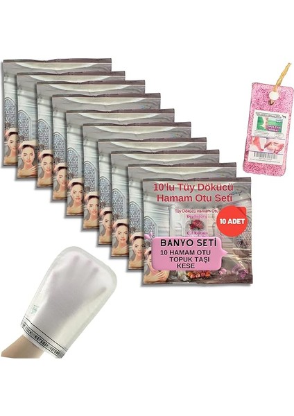 10 Paket Hamam Otu Toz Tüy Dökücü + Hamam Kesesi + Topuk Taşı Banyo Seti
