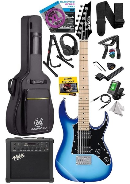 DE-150BL-25AMP Maple Klavye Hh Yüksek Kaliteli 25W Amfili Elektro Gitar Seti