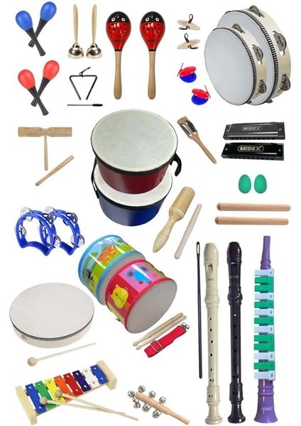 Örf Aletleri Seti Overmuch Paket-2 Marakas Zil Üçgen Ksilofon Melodika Mızıka Davul Flüt (30 Parça)