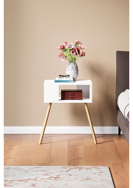 Ahşap Ayaklı Dekoratif Raflı Komodin - Beyaz fırsatları