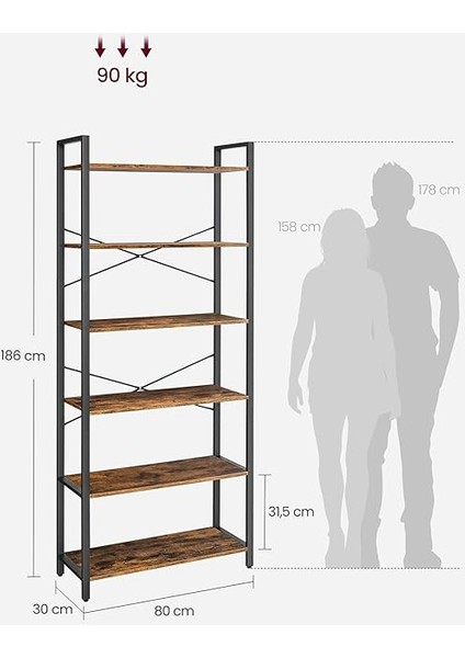 Kitaplık, 6 Katlı Raf, Çelik Çerçeveli Yüksek Rustik Raf, Oturma Odası, Ofis, Çalışma Odası, Koridor, Endüstriyel Tarz, 80 x 30 x 186 Cm, Rustik Kahverengi ve Siyah LLS082B01 modelleri