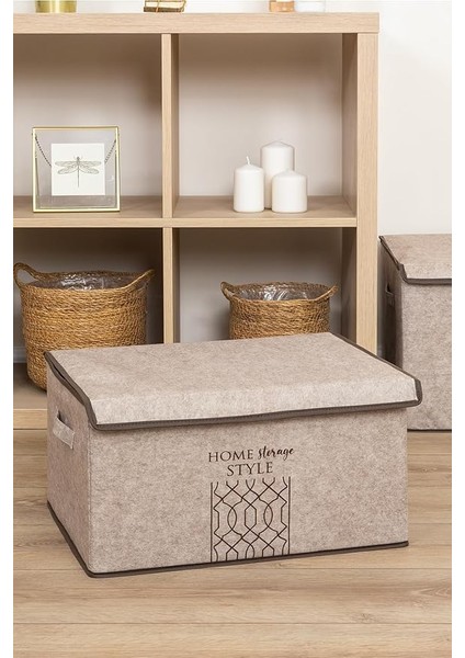 Kapısı Keçe Çok Amaçlı Kapaklı Düzenleyici Kutu 47 x 37 x 24 cm (Maxi, Bej)