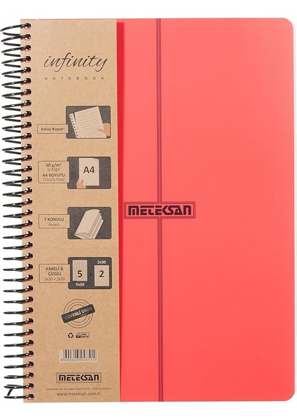 Infinity Primary Serisi, A4, 7 Konulu (5 Kareli, 2 Çizgili) 210 Yaprak Pp Kapaklı Spiralli Defter, Kırmızı