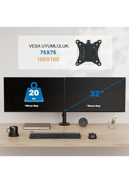 Çift Kol Monitör Standı 32" Ekrana Kadar Vesa 75X75 ve 100X100 Uyumlu Çift Ekran fiyatları
