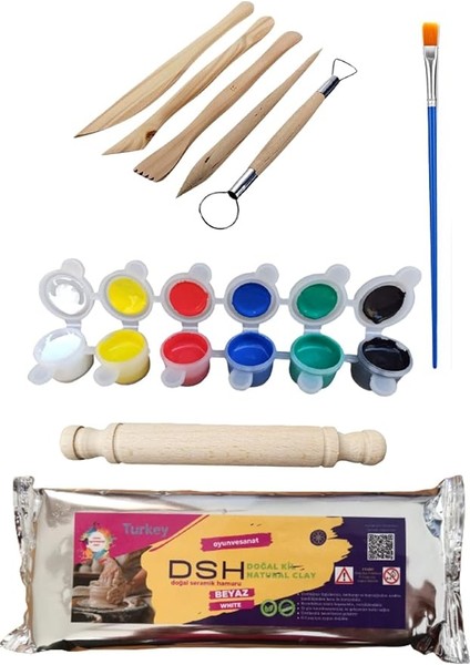 Doğal Seramik Hamuru Seramik Hamuru Başlangıç Seti 3-6lı Boya 5li Ebeşuar Merdane 1000 gr Beyaz Doğal Kil Beyaz