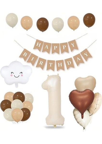 Yaş Retro Kalp Doğum Günü Seti; Krem Rakam Folyo, Banner, Kalp Folyo ve Lateks Balon