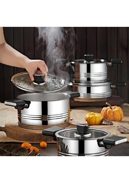 1129 Silindir Paslanmaz Çelik Tencere Seti - Cam Kapaklı Tencere Takımı - 8 Parça