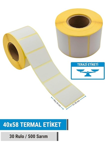 Etiketi | 30'lu Rulo Paket | 40X58 mm Termal Barkod Etiketi | 500 Sarım | Yüksek Kalite | Hızlı Baskı | Dayanıklı | Ekonomik | Perakende ve Market Kullanımı | Kolay Yapışma | Net Yazdırılabilir