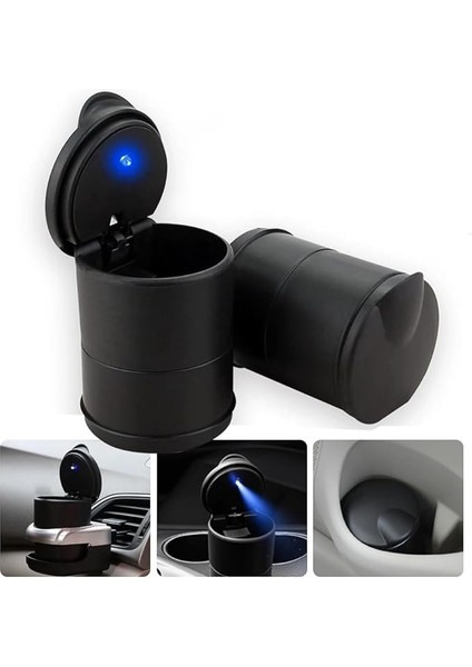 LED Işıklı Araç Küllüğü Kendiliğinden Sönen Mini Araba Çöp Kutusu Araba Ev Ofis ve Seyahat Için Dumansız Silindir Araba Küllüğü Su Geçirmez Koku Sızdırmaz Yıkanabilir Siyah Mat Kül Tablası