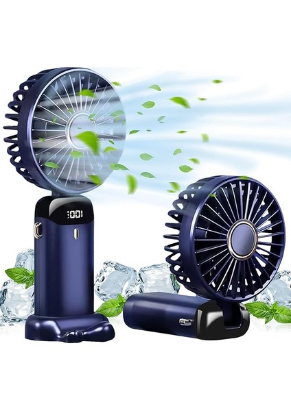 Taşınabilir El Vantilatörü, USB Şarj Edilebilir Kişisel Fan, 4800MAH, 90° Katlanabilir Mini Masa Fanı, LED Dijital Ekranlı 5 Hız Çok Fonksiyonlu Fan Dış Mekan Iç Mekan Için (Mavi)