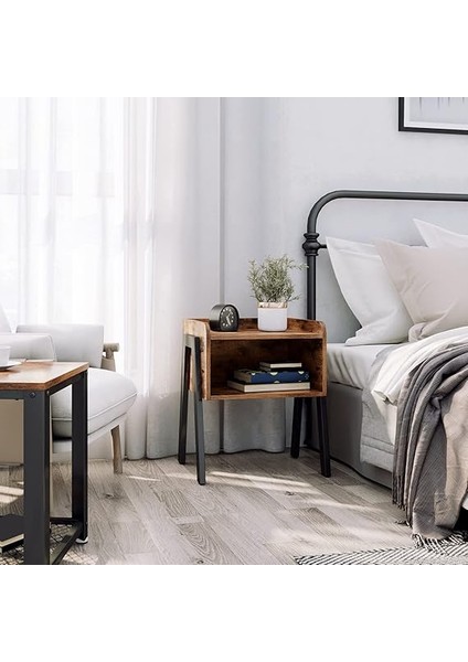 Komodin, Komodin, Yan Sehpa, Açık Bölmeli Istiflenebilir Komodin, Rustik Ahşap Görünüm, Vurgulu Mobilya, Metal Ayaklar, Sağlam, Endüstriyel Tasarım, Vintage Kahverengi-Siyah LET54X fiyatları