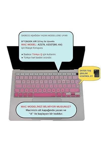 MacBook Air Klavye Koruyucu Ultra Ince A2337 A2179 M1 Çip Uyumlu Türkçe Q Silikon Yıkanabilir Koruyucu Stiker Film Pembe fiyatları