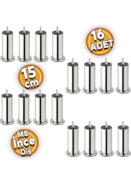 Adet Mobilya Kanepe 15 cm Baza Koltuk Destek Ayağı M8 Civata Ince Diş Krom Ayak Yükseltici fiyatları
