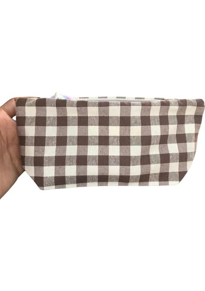 Büyük Pötikareli Yıkanabilir Fermuarlı Tek Gözlü Bez Kalemlik Kalem Kutusu Cüzdan Makyaj Çantası Bez Kalem Kesesi (Kahverengi)