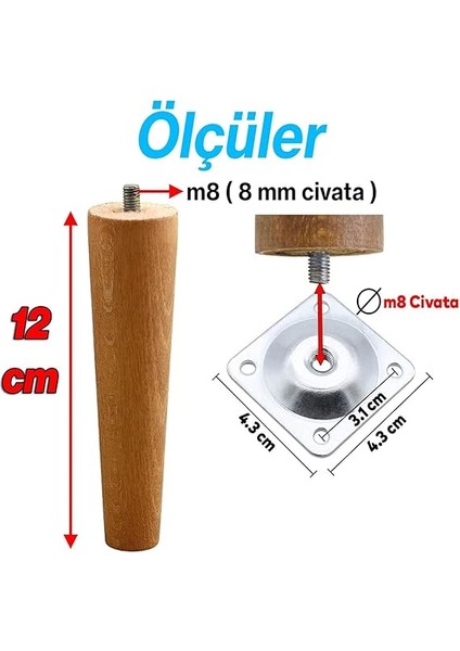 Set Ahşap 12 cm Mobilya Koltuk Kanepe Sehpa Masa Ayağı Ayakları M8 Civatalı Bağlantı Aparatlı fiyatları