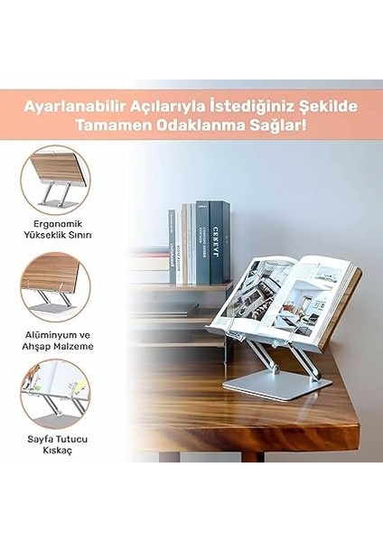 STD002 Okuma Açısı Ayarlı,kıskkaçlı Alüminyum&ahşap Kitap/tablet/notebook Standı Modern Rahle modelleri