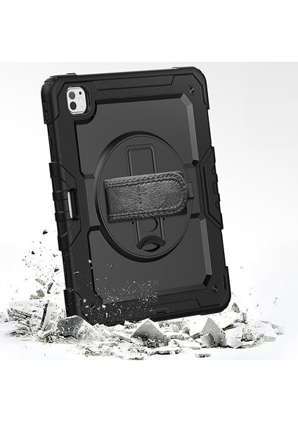 iPad Pro 13 Inç M4 2024 7. Nesil Için Kılıf (Model: A2925, A2926, A3007) Tam Koruma Darbe Emici, 360° Dönebilen Stand, Ayarlanabilir Omuz Askısı, Kalem Tutucu, Siyah