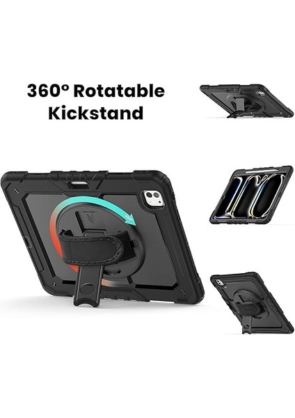 iPad Pro 13 Inç M4 2024 7. Nesil Için Kılıf (Model: A2925, A2926, A3007) Tam Koruma Darbe Emici, 360° Dönebilen Stand, Ayarlanabilir Omuz Askısı, Kalem Tutucu, Siyah indirimleri