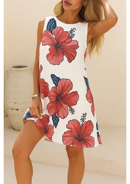 Kadın Sıfır Kol Sırttan Bağlamalı Fırfırlı Çiçek Süprem Elbise