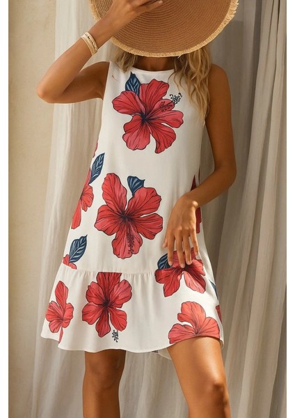 Kadın Sıfır Kol Sırttan Bağlamalı Fırfırlı Çiçek Süprem Elbise modelleri