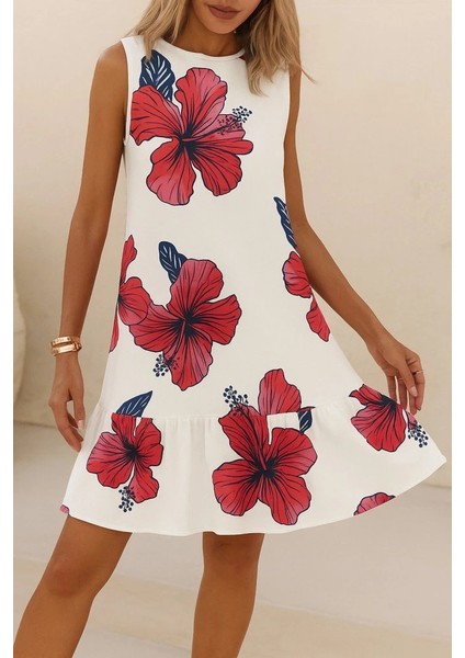 Kadın Sıfır Kol Sırttan Bağlamalı Fırfırlı Çiçek Süprem Elbise fırsatları