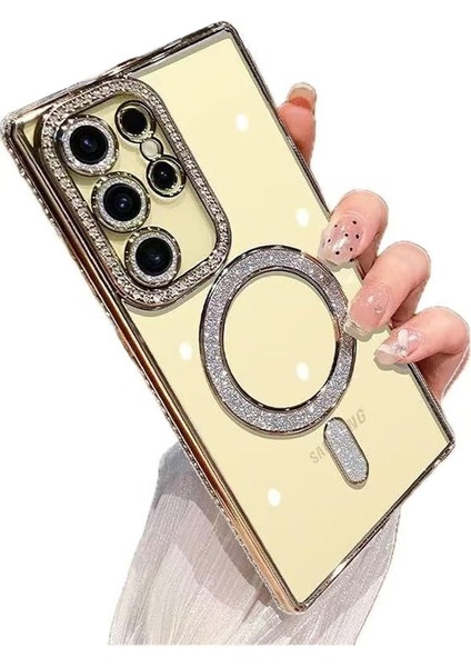 Samsung Galaxy S23 Ultra Uyumlu Kılıf Simli Magsafe Şarj Destekli Kamera Lens Koruma Parıltılı Kapak
