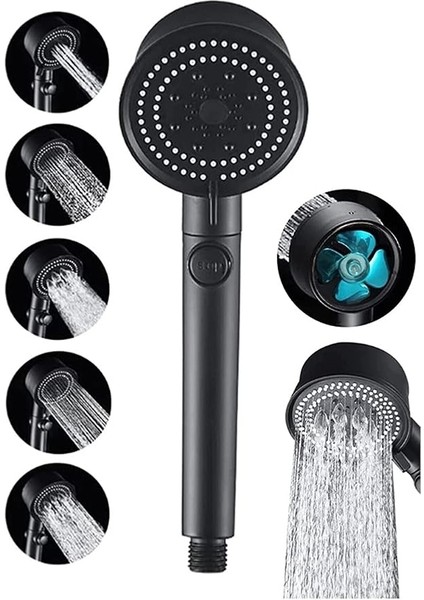 Turbo Black Power Siyah Pervaneli 5 Fonksiyonlu Yüksek Basınçlı Mat Siyah Duş Başlığı El Duşu - Garantili