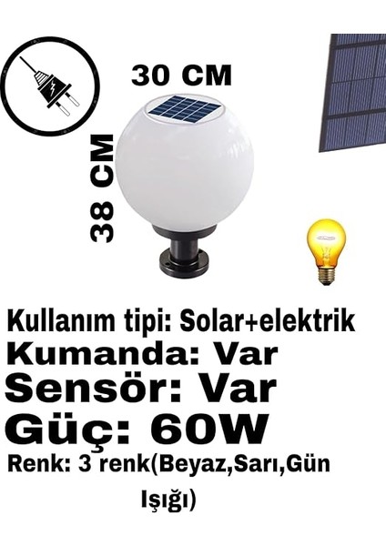 Set Üstü Küre Solar Led, Bahçe Lambası 60W, Güneş ENERJILI+220V Elektrikli Hibrit, E27 Duy, Fotoselli, Uzaktan Kumandalı, 3 Modlu Işık, IP65 Su Geçirmez | Uzun Ömürlü Bahçe Aydınlatma Armatürü fırsatları