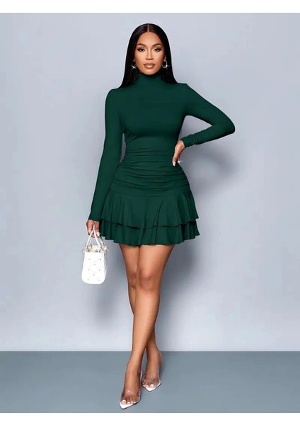 Kadın Uzun Kollu Balıkçı Yaka Mini Fırfırlı Sandy Elbise