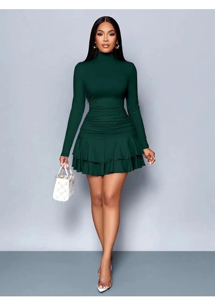 Kadın Uzun Kollu Balıkçı Yaka Mini Fırfırlı Sandy Elbise modelleri