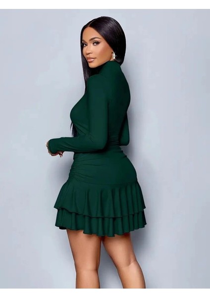 Kadın Uzun Kollu Balıkçı Yaka Mini Fırfırlı Sandy Elbise fırsatları