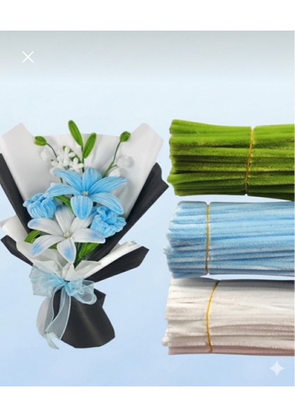 75 Adet 3'lü Şönil Set Beyaz, Bebek Mavi ve Açık Yeşil ,çiçek Yapımına Uygun Tüylü Tel