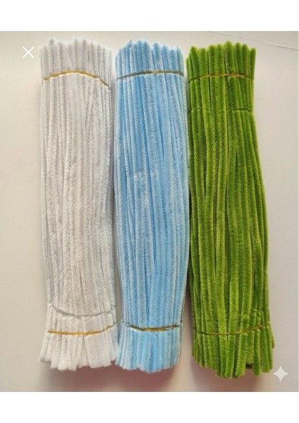 75 Adet 3'lü Şönil Set Beyaz, Bebek Mavi ve Açık Yeşil ,çiçek Yapımına Uygun Tüylü Tel modelleri