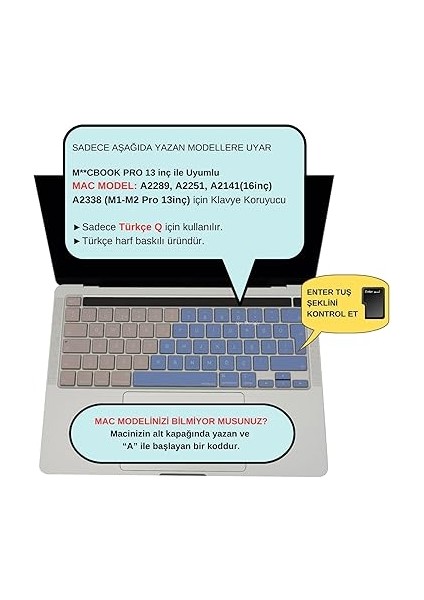 MacBook Klavye Koruyucu – Touchbar Pro M1,m2 13 Inç A2289 A2251 A2338 & 16 Inç A2141 Uyumlu • Türkçe Q + Uk Iso Enter • Silikon Toz & Sıvı Koruma Mavi Pembe fiyatları